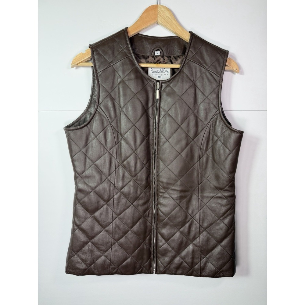 Pamela McCoy Leather Vest Womens M Brown Quilted Full Zip Genuine Leather
